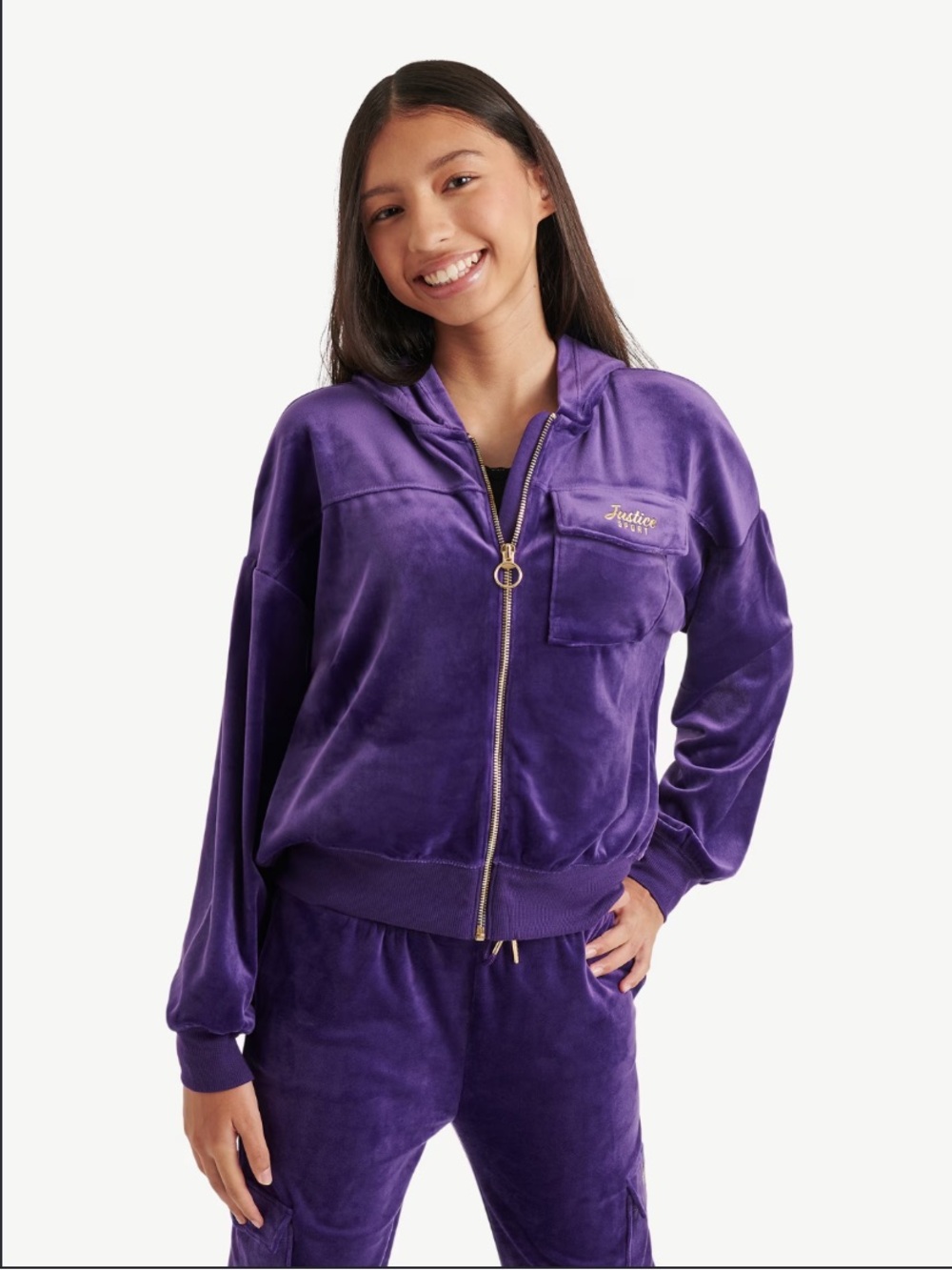 Justice Sport Girls Purple Velour Zip Up Sweatshirt